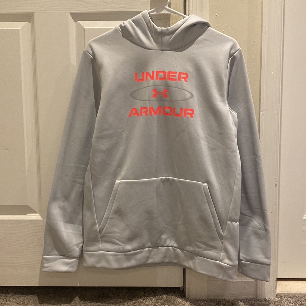 Under Armour Light Gray Hoodie Sweatshirt, Youth Size XL, Neon Orange Red